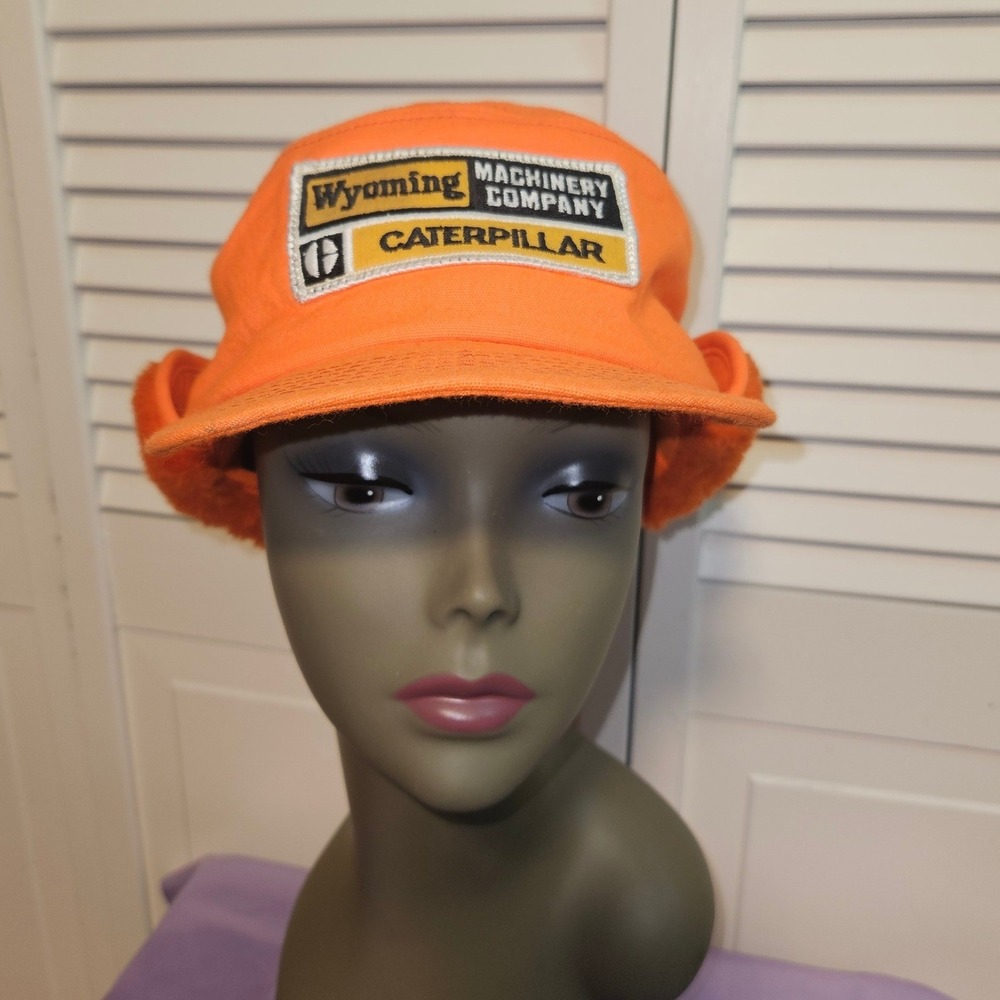 Vintage K-Brand Caterpillar Wyoming Machinery Co Orange Hunting Ear Flap Hat USA